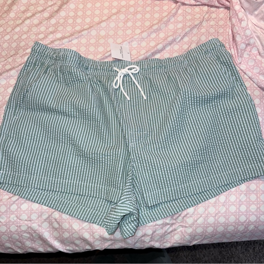 American Eagle Outfitters Green and White Striped Swim Shorts